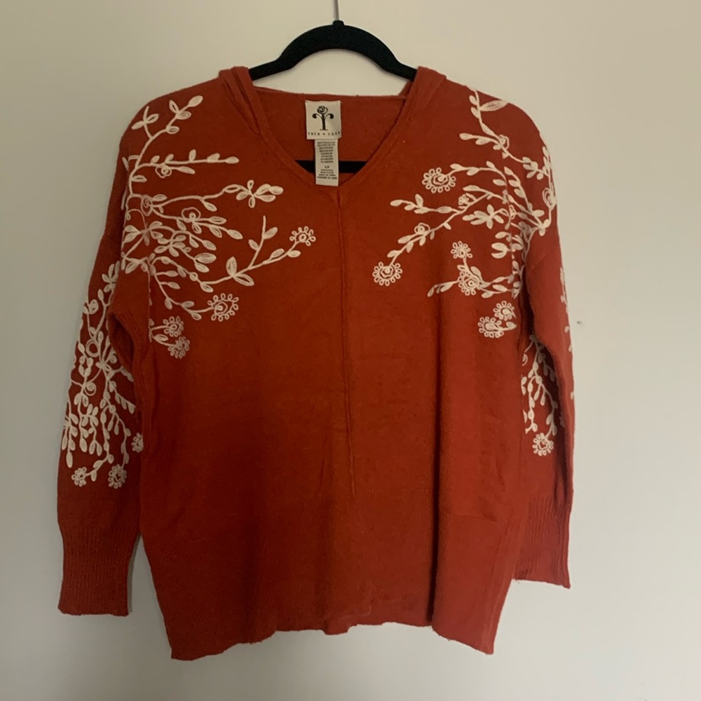 Rain + Rose Orange Embroidered Sweater Hoodie